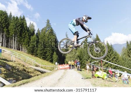 Val Di Sole, Italy - 22 August 2015: Solid-Reverse Factory Racing Team,  Rider Barth Joshua in action during the mens elite Downhill final World Cup at the Uci Mountain Bike in Val di Sole