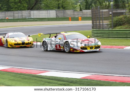 Imola, Italy May 16, 2015: Ferrari F458 Italia GT3 of Af Corse Team, driven by Mads Rasmussen  - Felipe Barreiros  - Francisco Guedes , in action during the European Le Mans Series - 4 Hours of Imola