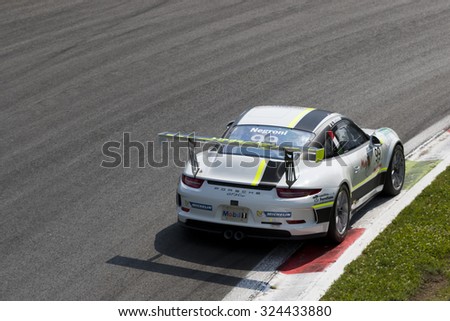 Monza, Italy - May 30, 2015: Porsche 911 GT3 Cup of Antonelli Motorsport  team, driven  by Sergio Negroni during the Porsche Carrera Cup Italia - Race in Autodromo Nazionale di Monza Circuit