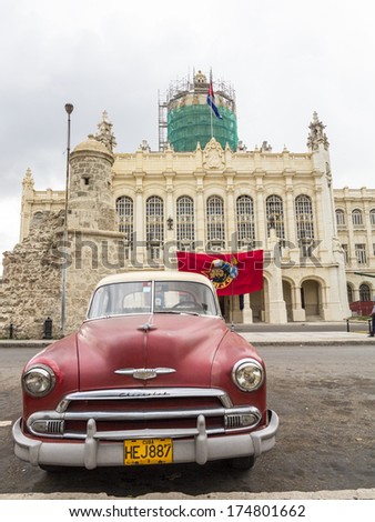 HAVANA, CUBA -  MAY-15-2013:a typical old style American car that tourists can find going to visit Cuba. In other nations these cars are for collectors and it\'s difficult to find them