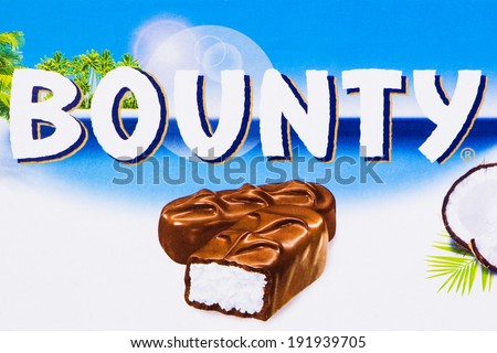 ARAD, ROMANIA - April 6, 2012: The name Bounty printed on cardboard. Bounty is a chocolate bar manufactured by Mars Incorporated. Studio shot.
