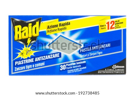 ARAD, ROMANIA - September 11, 2012: Box of Raid Anti-Mosquito Tablets. Studio shot, isolated on white background.