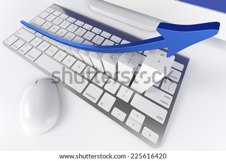 blue arrow on white keyboard representing the boost of the internet business