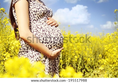 Human Pregnancy. Pregnant woman enjoying free time in yellow rape field.