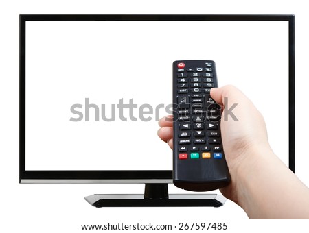 Hand with remote control pointing at modern plasma TV set