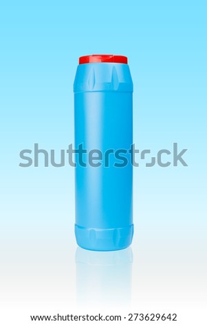 Blue plastic bottle of cleaning detergent powder isolated