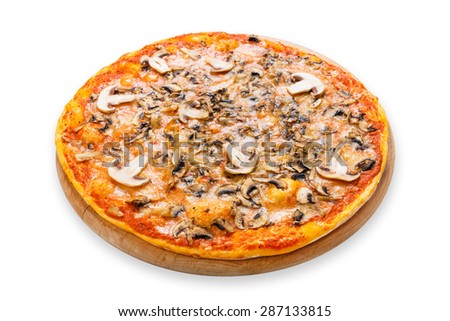 Delicious pizza with mushrooms - thin pastry crust isolated at white background