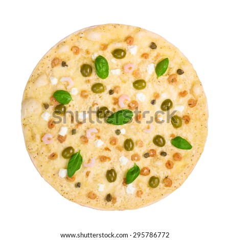 Delicious seafood pizza with shrimps, calamari rings, capers and olives - thin pastry crust at white background, above view