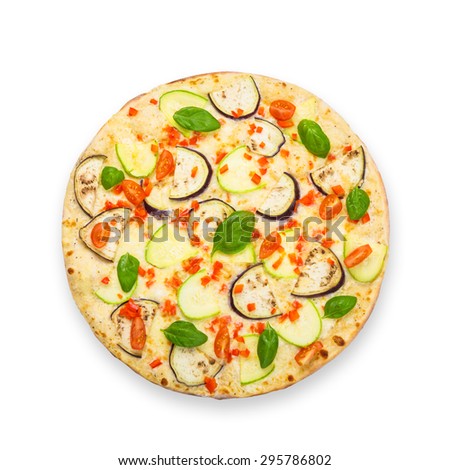 Delicious italian vegetarian pizza with cherry tomatoes, peppers, aubergines and zucchini - thin pastry crust at white table background, above view