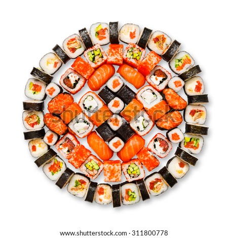 Japanese food restaurant delivery - sushi maki california gunkan roll platter big set isolated at white background, above view