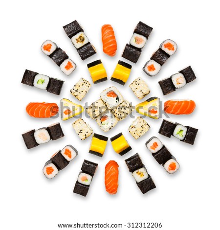 Japanese food restaurant delivery - sushi maki california roll platter set isolated at white background, above view