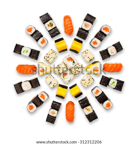 Assorted Japanese sushi roll set on white background. Sushi menu