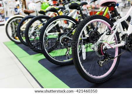 Row of the mountain mtb bicycles in the sports store, bike shopping