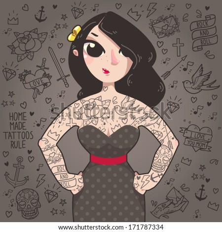 Vector old school tattoo elements Tattoo girl Cartoon tattoos in funny style anchor dagger skull flower star heart diamond scull and swallow Vector old school tattoo elements Tattoo girl Cartoon tattoos in funny style anchor dagger skull flower star heart diamond scull and swallow