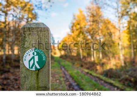 A footpath sign at the beginning of a forest with blurred tracks in the background