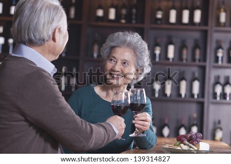 Senior Couple Toasting and Enjoying Themselves Drinking Wine, Focus on Female