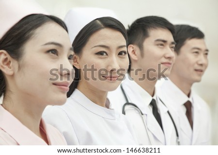 Healthcare workers standing in a row, China