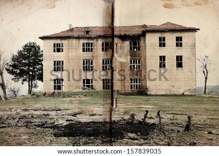 A creepy digital art creation of an old haunted building photo with an old book texture background. There are letters I\'m still here written with blood on the wall. Horror and Halloween concept.