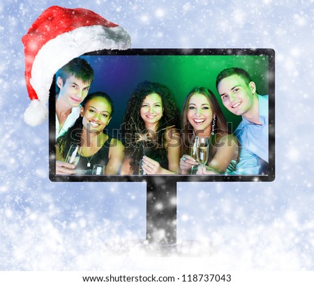 People  holding the glasses of champagne on a monitor screen