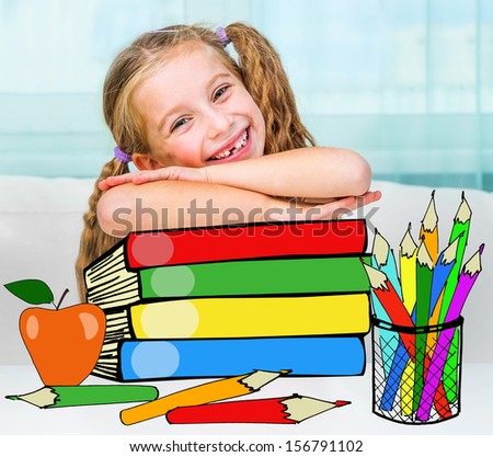 Portrait of little girl at workplace with the books