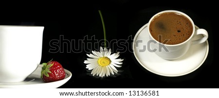 Two cups of coffee, flower and strawberry