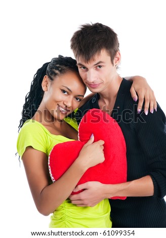 stock photo : Heterosexual couple with a big heart on white background