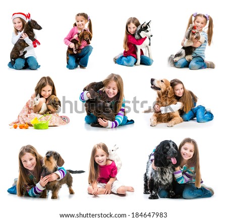 collection of photos of a happy little girl with pets collection of photos of a happy little girl with pets