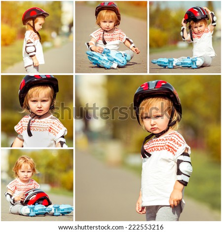 two year old pretty girl in roller skates and a helmet on the street. collage of photos