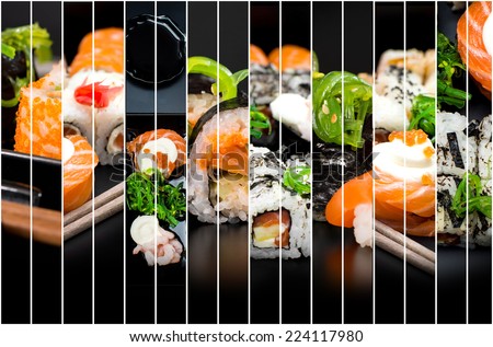 collage of photos of sushi and rolls on a black background