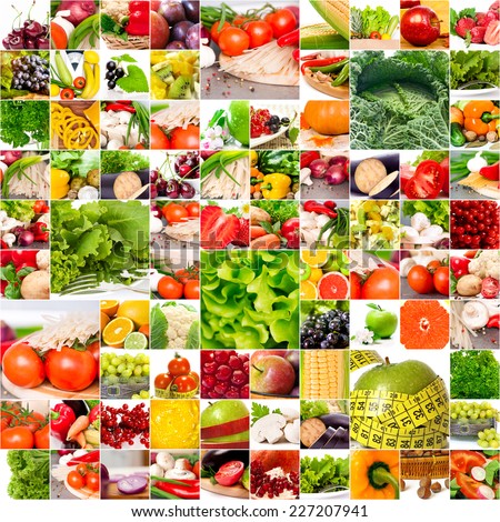 Fruits vegetable collage. Healthy nutrition concept