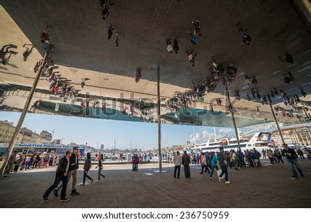 MARSEILLE, FRANCE - APRIL, 23: Norman Foster\'s pavilion with mirrored ceiling in Marselle. April, 23, 2014
