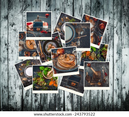collection of photos of food in a retro style on a wooden background