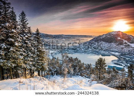 Sunset on the mountain top in Bergen. Norway