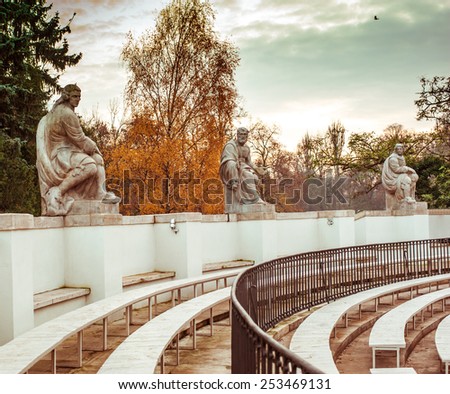 Statues of famous playwrights, amphitheatre in Lazienki Park (Royal Baths Park), Warsaw, Poland