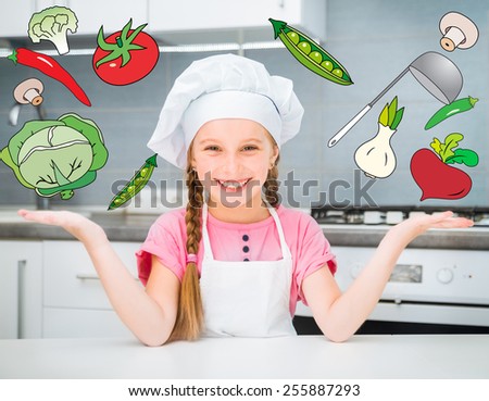 happy little girl with vegetables flying in the air