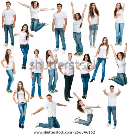 Collage of photos of men and women in jeans and T-shirts on a white background Collage of photos of men and women in jeans and T-shirts on a white background