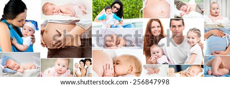 Collage of photos pregnancy, baby, kids, happy family