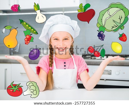 little girl in the kitchen with the flying fruits and vegetables