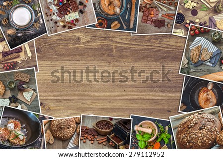 Frame photos of a retro food photos on a wooden table