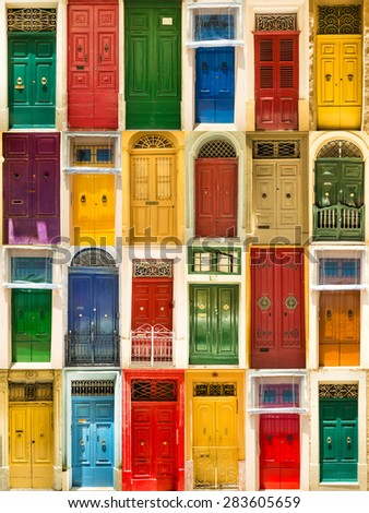 photo collage of colourful front doors to houses