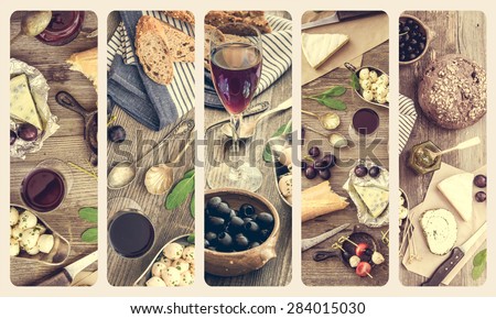 French cuisine collage. Different types of cheese, wine and other ingredients on a wooden table