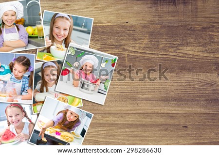 a background on a wooden board photo of a pretty girl eat breakfast varied food