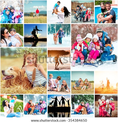 collage family vacation with children in summer and winter