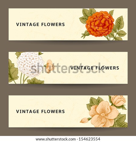 Set of horizontal banners with vintage flowers. Garden rose, dog-rose and hydrangea on a beige background.