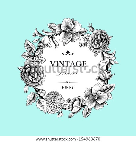 Beautiful Card With A Round Wreath Of Different Flowers Of Vintage Garden. Black And White Frame Of The Roses, Hydrangea And Dog-Rose On Mint Background. Vector Illustration