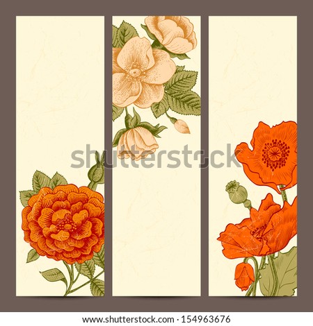 A set of vertical banners with vintage flowers. Rose, dog-rose and poppies on a beige background. Vector illustration