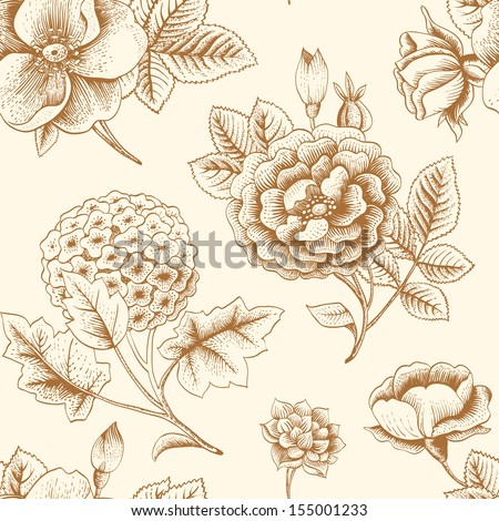 Seamless Pattern With Vintage Flowers. Garden Roses, Hydrangea And Dog-Rose Flower. Vector Illustration.