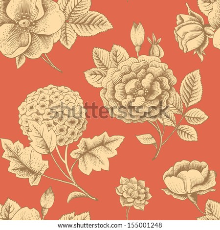 Seamless pattern with vintage flowers. Garden roses, hydrangea and dog-rose flower on a red background. Vector illustration.