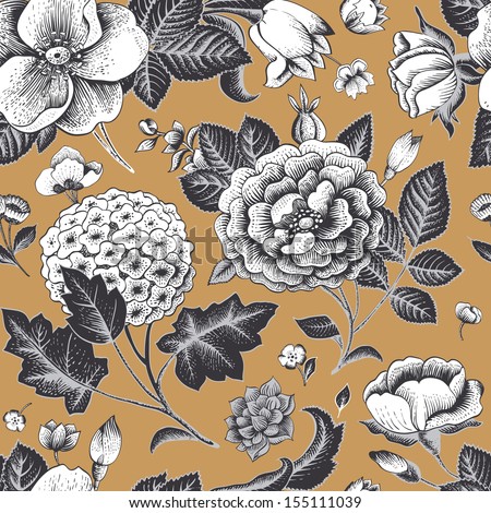 Beautiful Vintage Floral Seamless Pattern. Garden Roses, Hydrangea And Dog-Rose Flower On A Gold Background. Vector Illustration. Black And White Flowers On Gold.