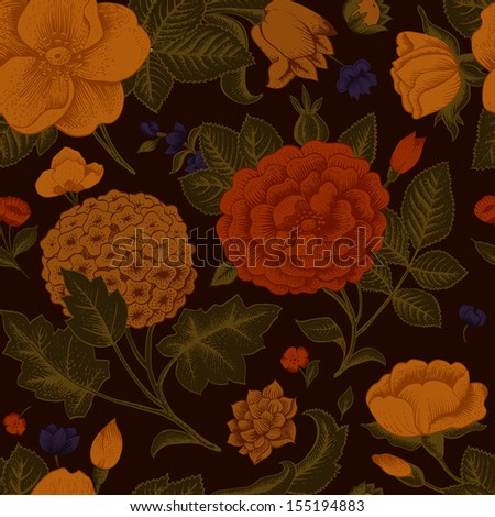 Seamless Pattern With Vintage Flowers. Garden Roses, Hydrangea And Dog-Rose Flower On A Brown Background. Vector Illustration.